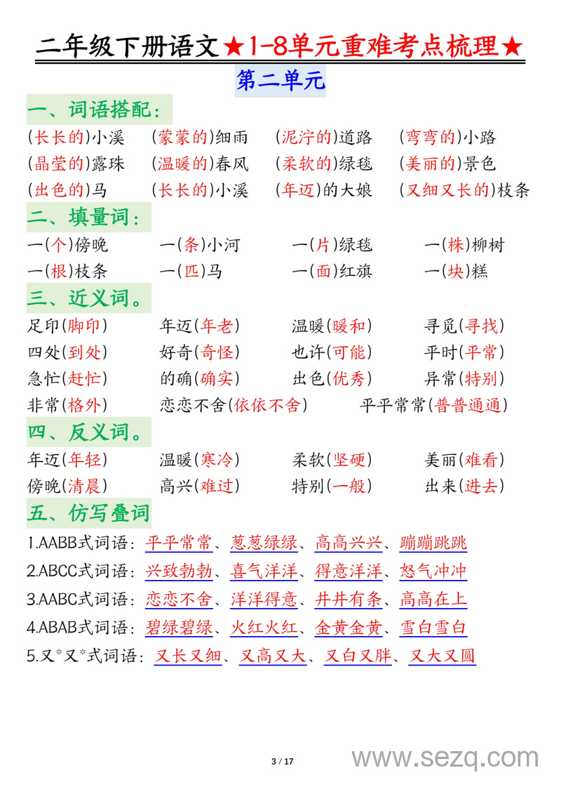 2025年二年级下册语文1-8单元重难考点梳理 - 文档资源第3张