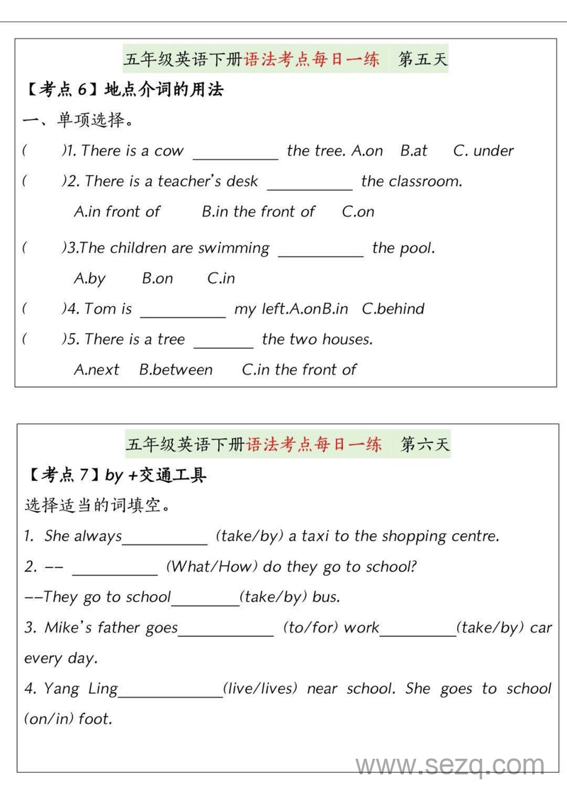 五年级下册英语语法考点每日一练 - 文档资源第3张