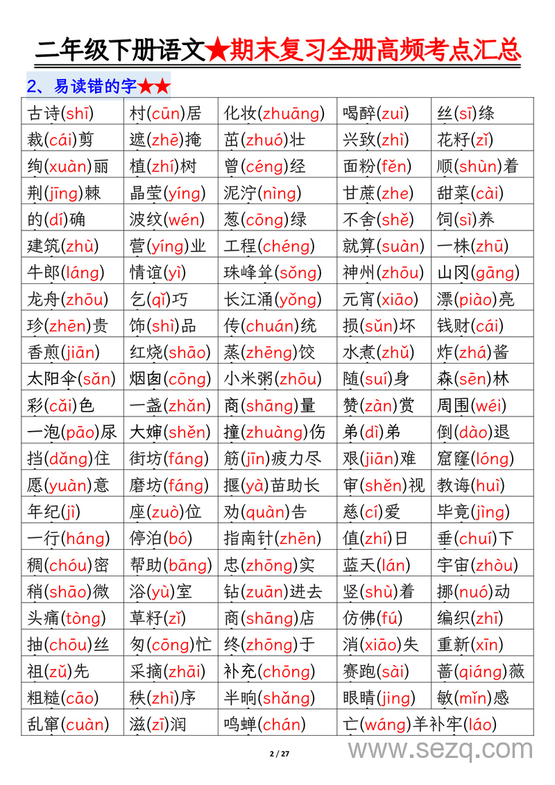 2025年二年级下册语文期末复习全册高频考点必考知识点汇总 - 文档资源第2张