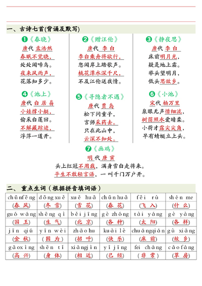一年级下册语文全册重点知识汇总练习（含答案）（12页） - 少儿专区