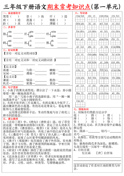 三年级下册语文期末各单元常考知识点（含答案）（16页） - 少儿专区