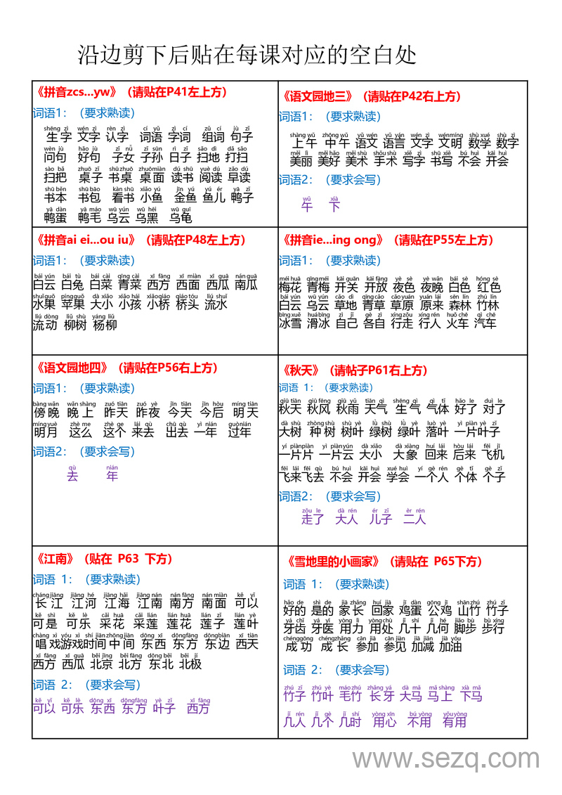 2025年秋季版一年级上册语文每课重点课课贴 - 文档资源第2张