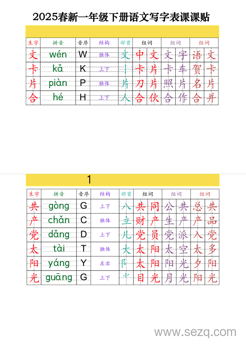2025年春新版一年级下册语文写字表课课贴（高清版） - 文档资源第3张