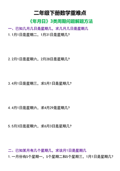 二年级下册数学年月日3类周期问题解题方法（6页） - 少儿专区