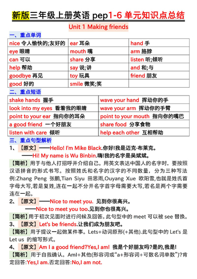 新版三年级上册英语1-6单元知识点总结（人教PEP版）（7页） - 少儿专区