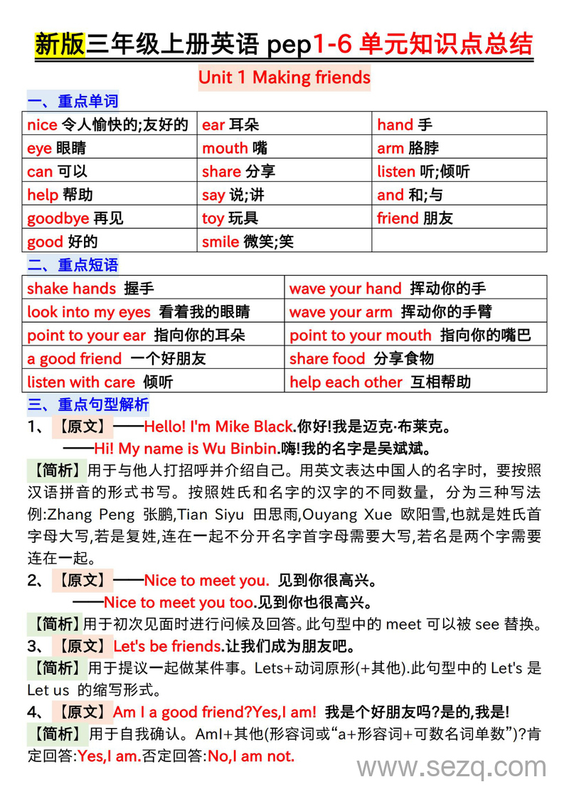 新版三年级上册英语1-6单元知识点总结（人教PEP版） - 文档资源第1张