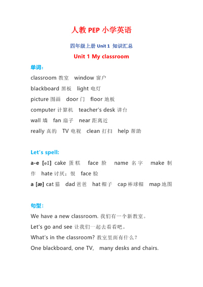 四年级上册英语知识点汇总（19页） - 少儿专区