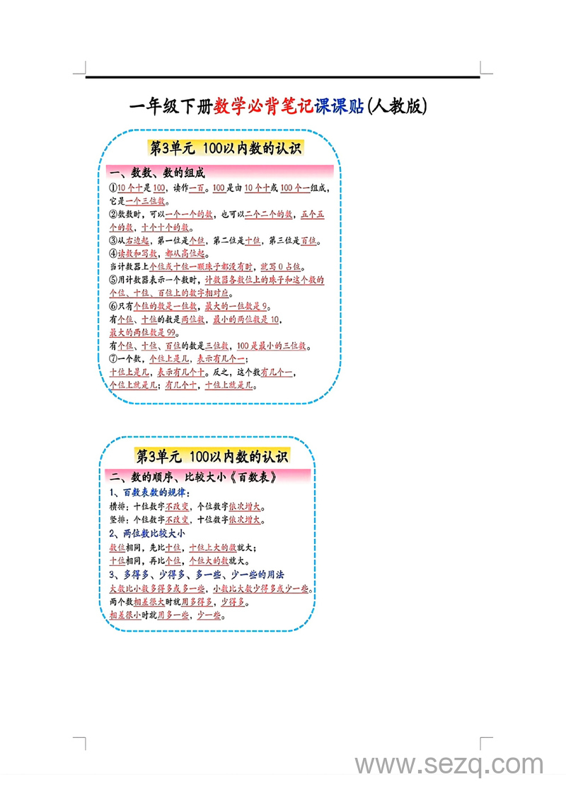 2025年一年级下册数学必背笔记课课贴(人教版) - 文档资源第2张
