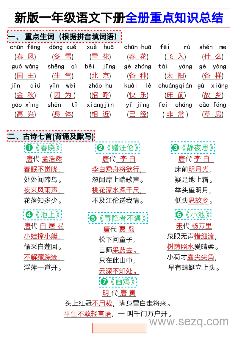 新版一年级下册语文全册重点知识总结 - 文档资源第1张
