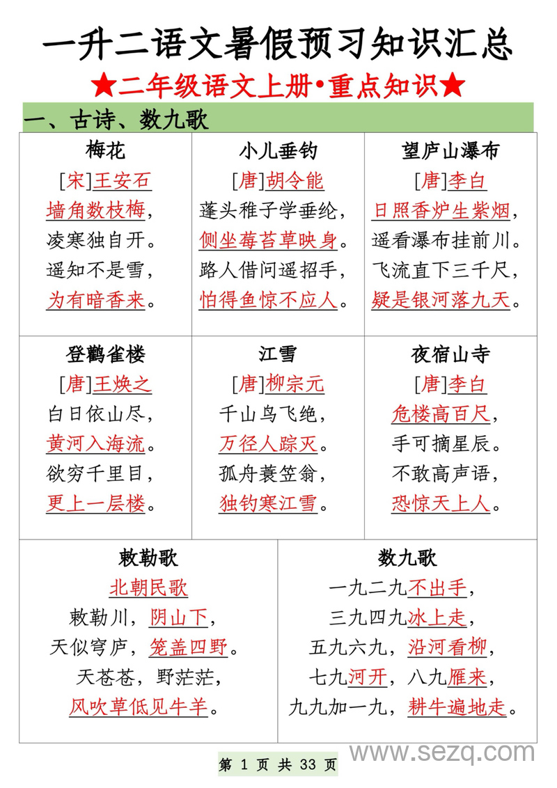 二年级上册语文暑假预习重点知识汇总（含古诗,数九歌） - 文档资源第1张