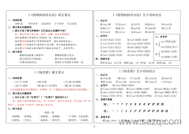 二年级上册语文课文重点与生字词知识点课课贴 - 文档资源第2张