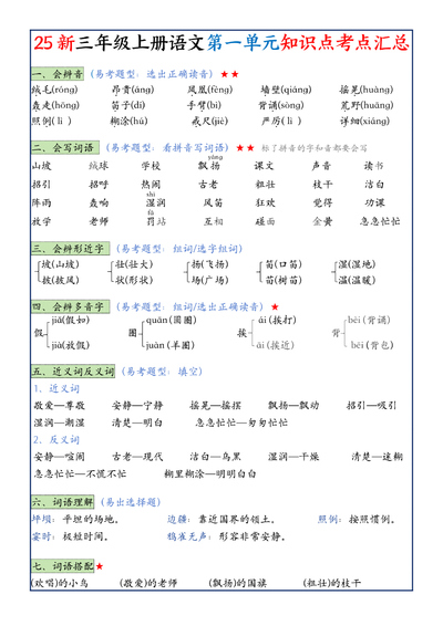 2025年三年级上册语文1-8单元知识点考点汇总（23页） - 少儿专区