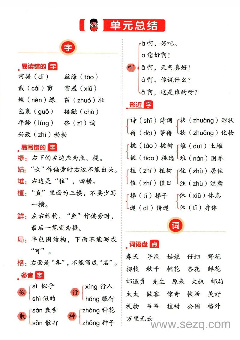 二年级下册语文单元知识点总结（含易错字/词语/考点） - 文档资源第1张