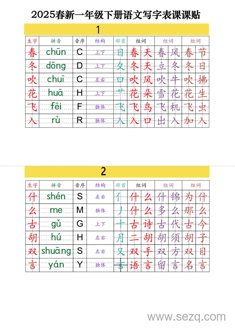 2025年春新版一年级下册语文写字表课课贴（高清版） - 文档资源第1张