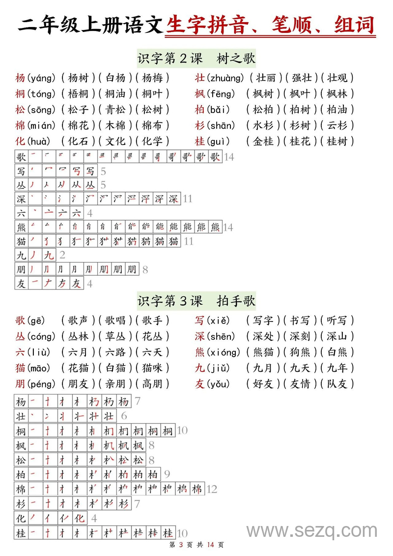 二年级上册语文生字拼音笔顺组词（课课贴） - 文档资源第3张