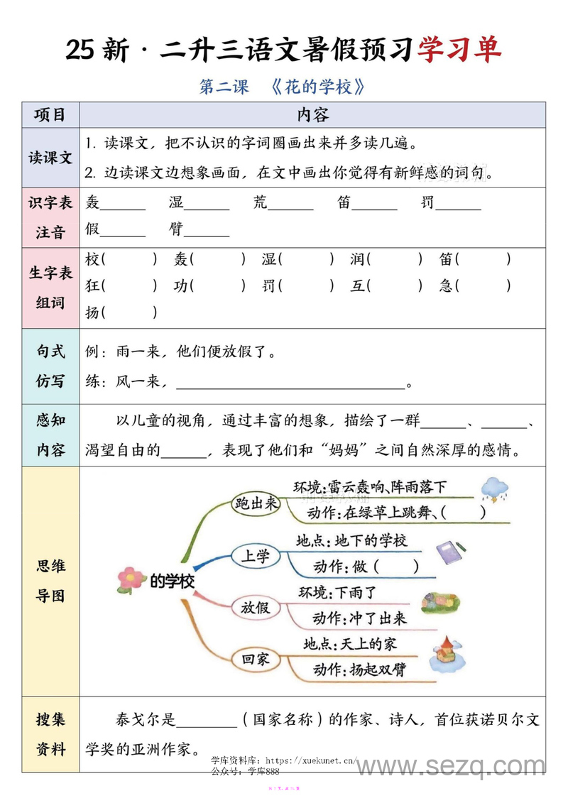 2025年新版二升三三年级上册语文暑假预习学习单 - 文档资源第2张
