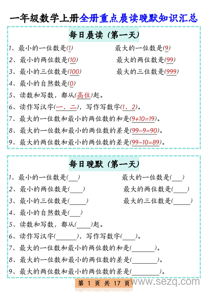 2025年一年级上册数学全册重点晨读晚默知识汇总17天 - 文档资源第1张