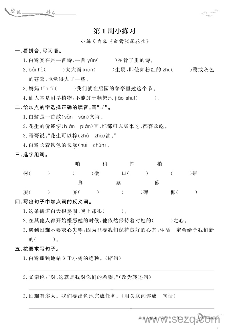 五年级上册语文全册基础练习每周小练（含答案） - 文档资源第1张