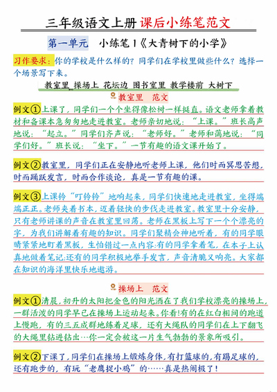 2025年秋季三年级上册语文《大青树下的小学》课后小练笔范文（5页） - 少儿专区