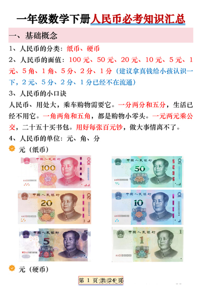 一年级下册数学人民币必考知识汇总(24页) - 少儿专区