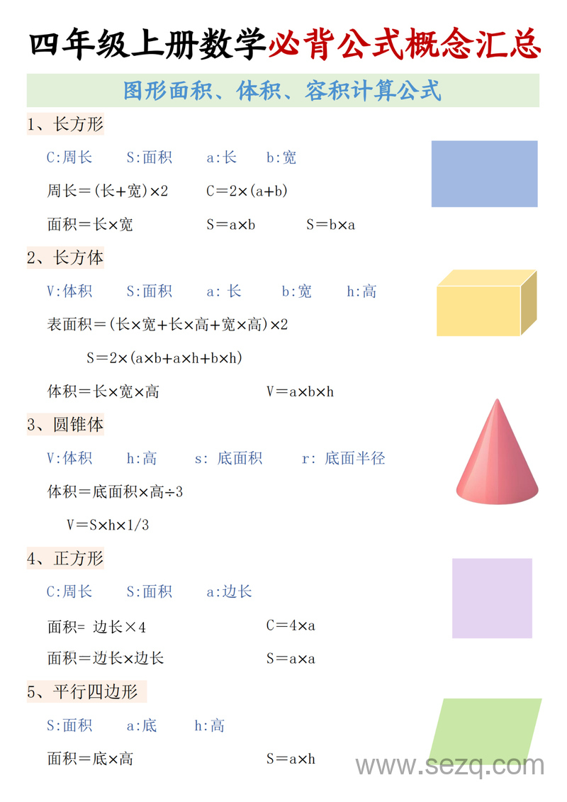 四年级上册数学必背公式概念汇总 - 文档资源第1张