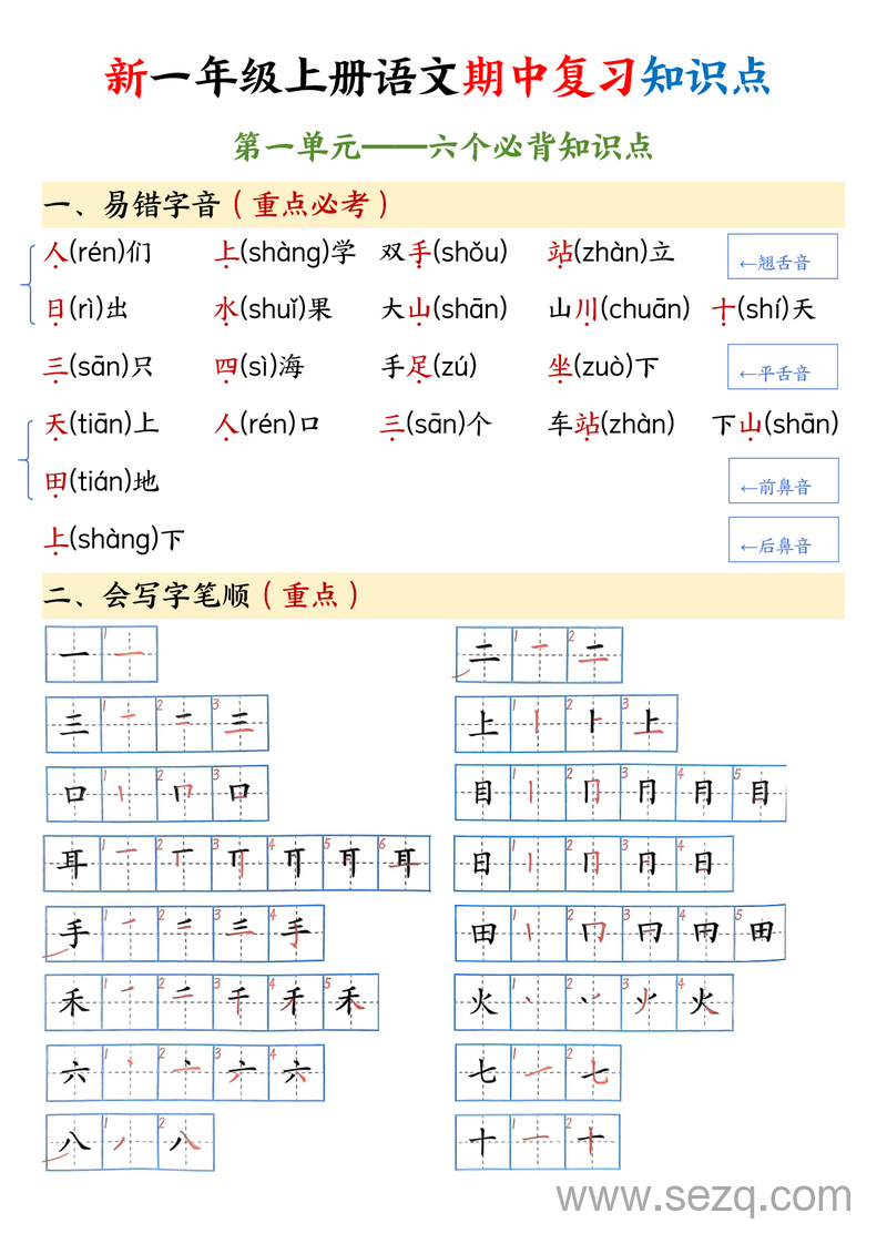 2025年新版新一年级上册语文期中复习1-4单元必背知识点 - 文档资源第1张