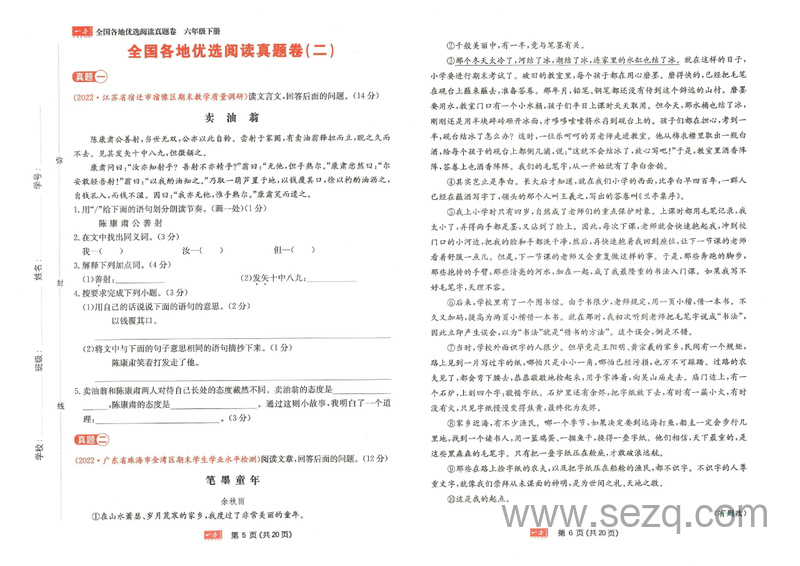 六年级下册语文同步阅读真题卷 - 文档资源第3张