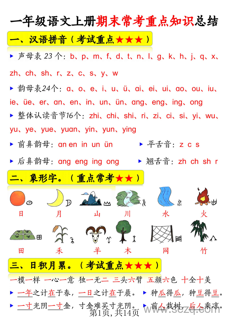 一年级上册语文期末常考重点知识总结（15考点） - 文档资源第1张