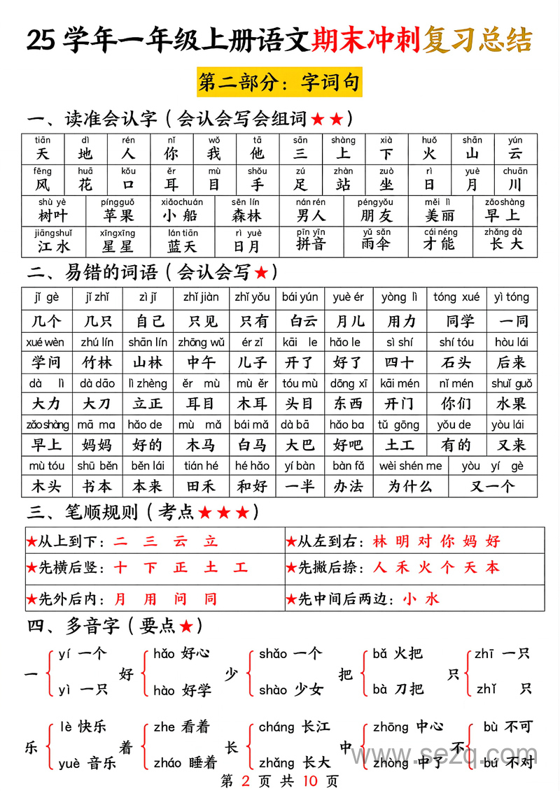 2025年一年级上册语文期末冲刺复习总结（五大部分） - 文档资源第2张