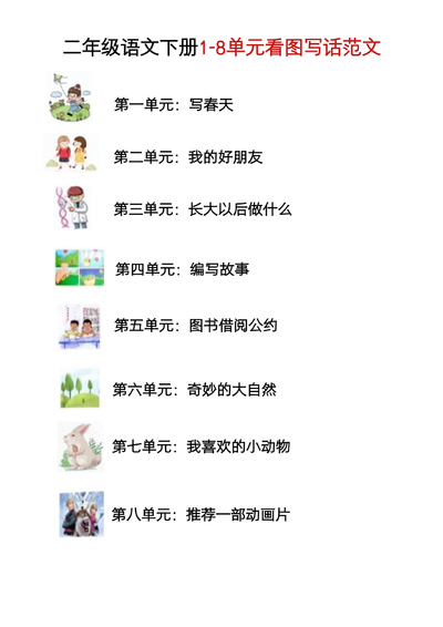 二年级下册语文1-8单元看图写话范文（9页） - 少儿专区
