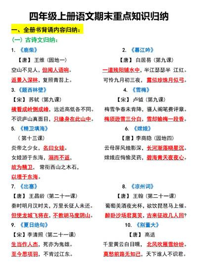 四年级上册语文期末重点知识归纳(24页) - 少儿专区