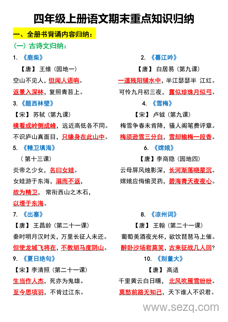四年级上册语文期末重点知识归纳 - 文档资源第1张