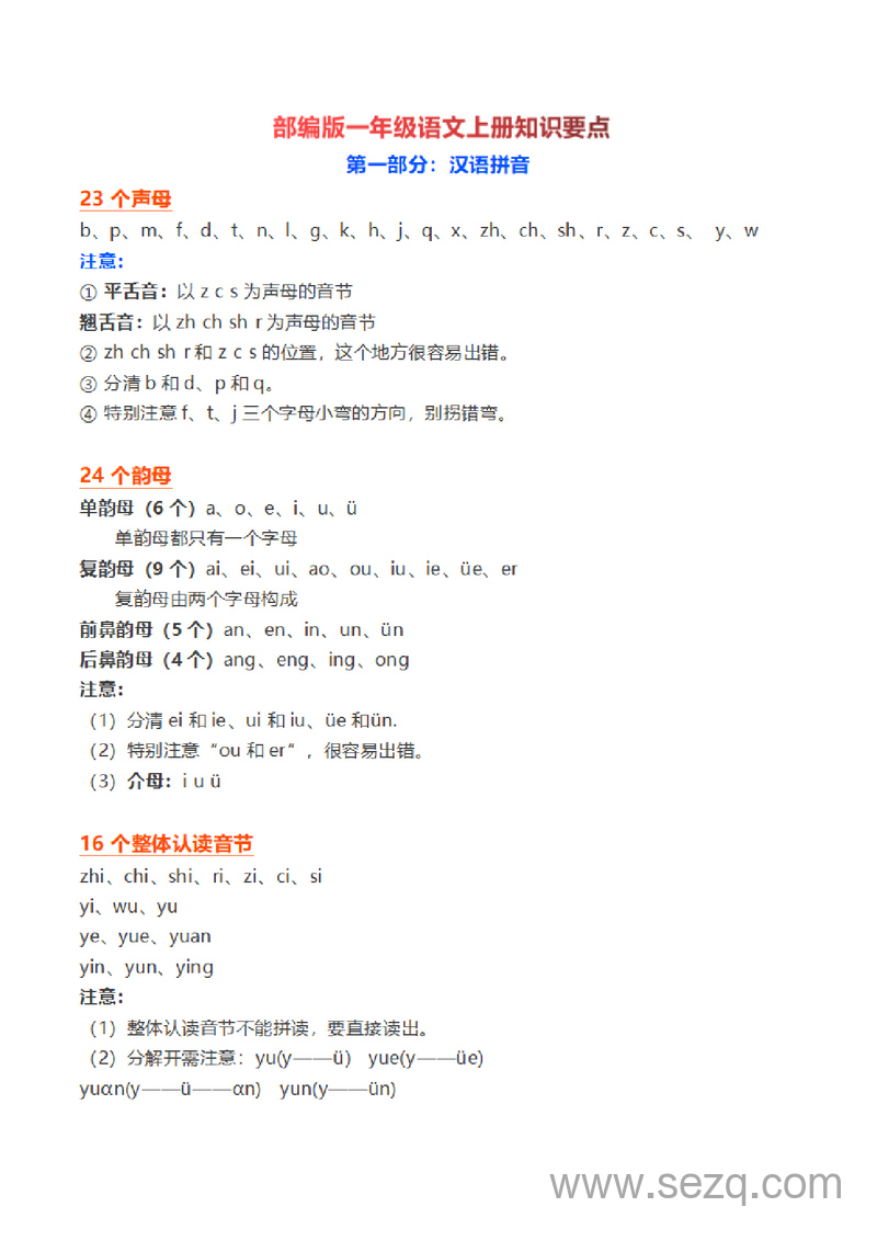 一年级上册语文全册知识要点梳理（统编版） - 文档资源第1张
