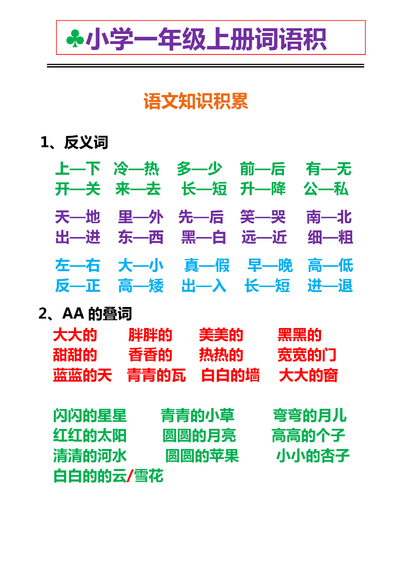 一年级上册语文词语积累专项（8页） - 少儿专区