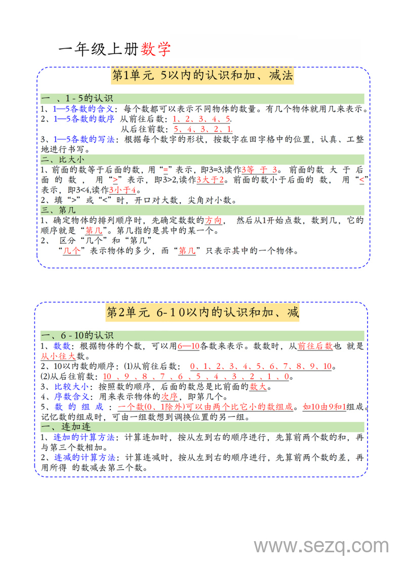 2025年秋季一年级上册数学期中知识归类（人教版） - 文档资源第1张