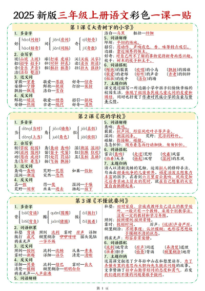 2025年新版三年级上册语文重点知识彩色一课一贴（9页） - 少儿专区
