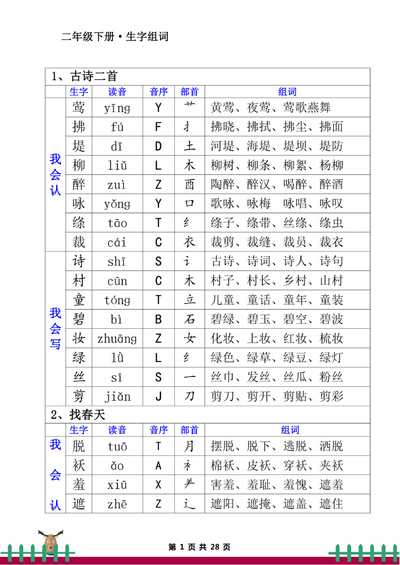 二年级下册语文生字组词（28页） - 少儿专区
