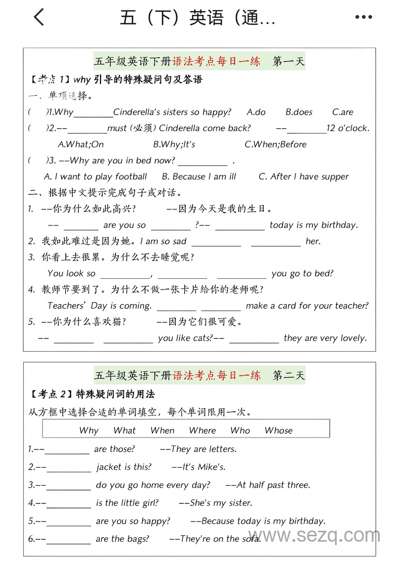 五年级下册英语语法考点每日一练 - 文档资源第1张