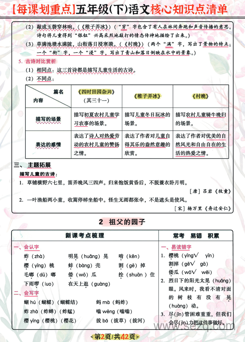 五年级下册语文每课核心划重点清单 - 文档资源第2张