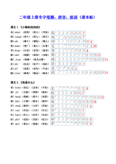 二年级上册语文生字笔顺拼音组词（课本贴）（14页） - 少儿专区