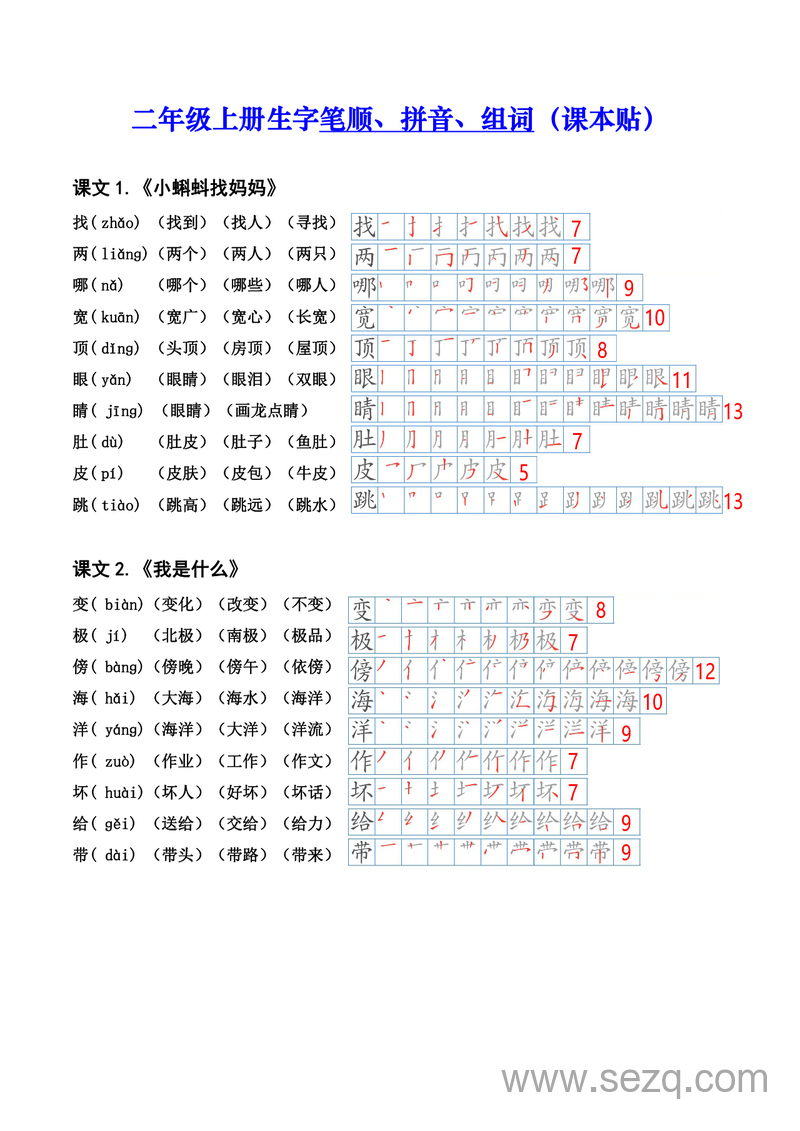 二年级上册语文生字笔顺拼音组词（课本贴） - 文档资源第1张