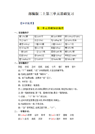 二年级上册语文第三单元基础复习（知识梳理检测）（22页） - 少儿专区
