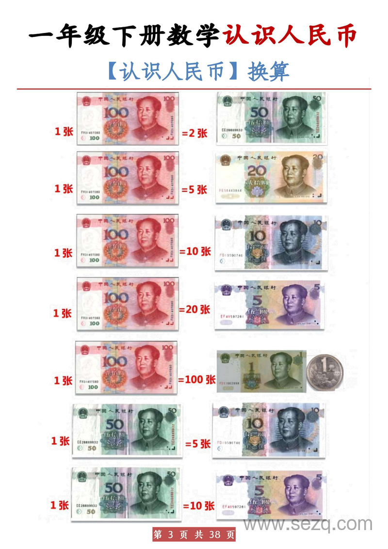 一年级下册数学认识人民币元角分换算专项练习 - 文档资源第3张