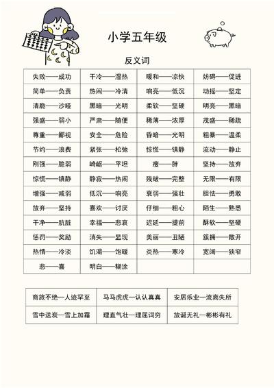 五年级下册语文近义词反义词专项练习（3页） - 少儿专区