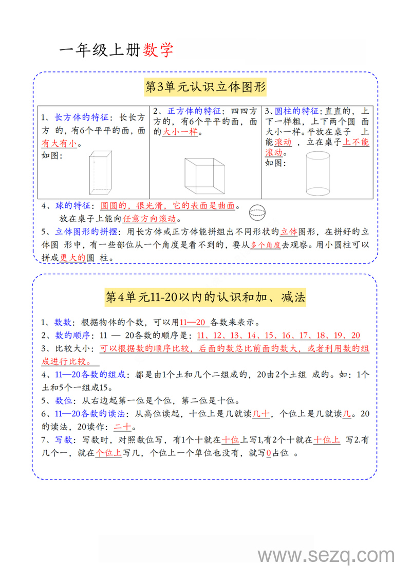 2025年秋季一年级上册数学期中知识归类（人教版） - 文档资源第2张