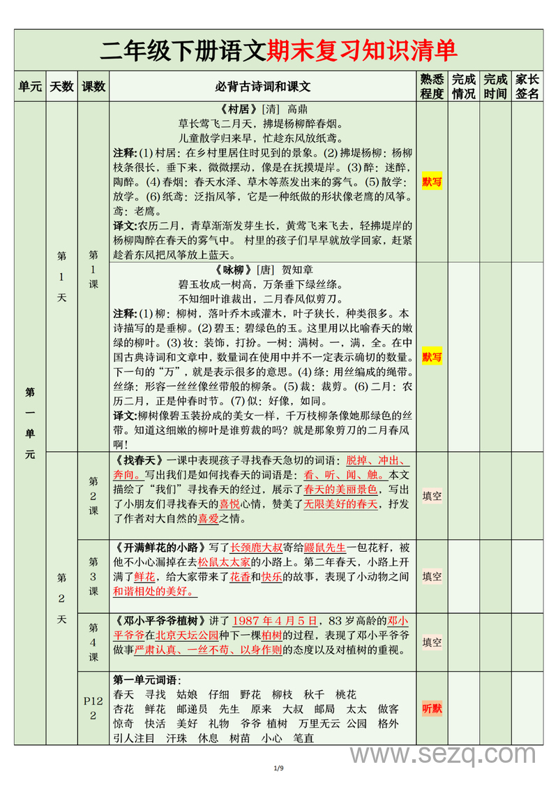 2025年二年级下册语文期末复习24天系统复习计划知识清单 - 文档资源第1张