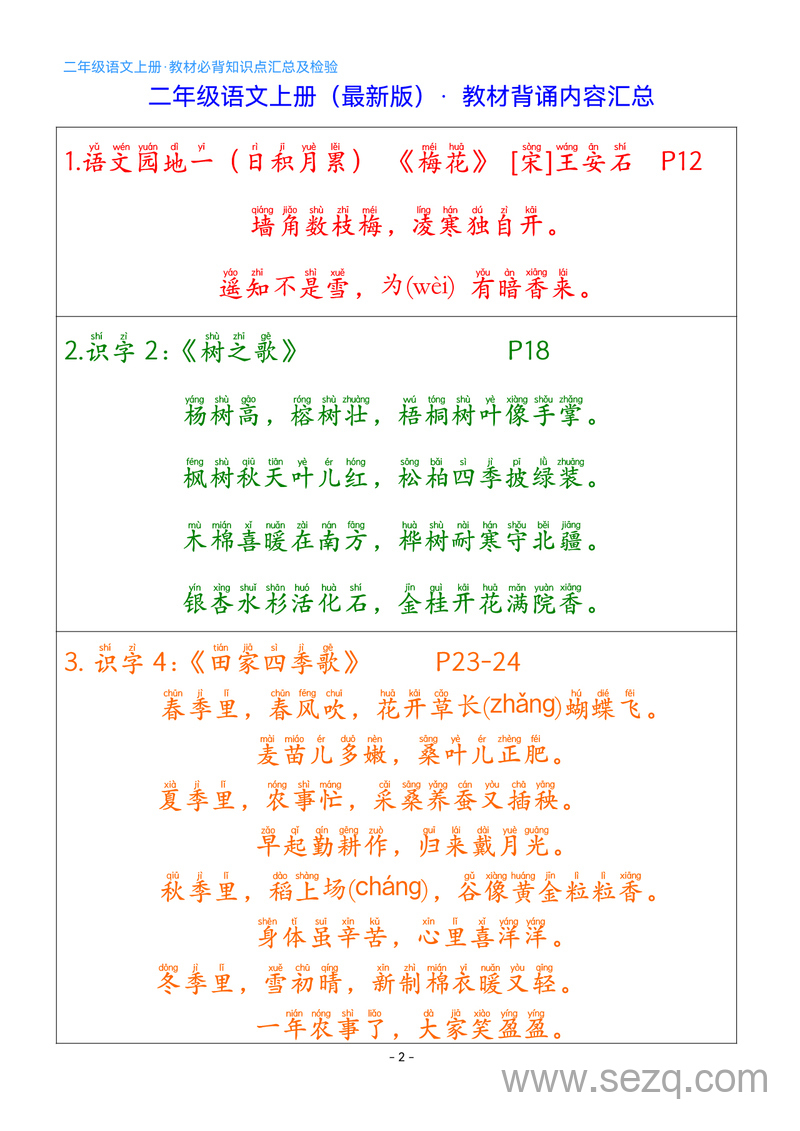 2025年二年级上册语文必背知识点汇总及检验（含练习） - 文档资源第2张