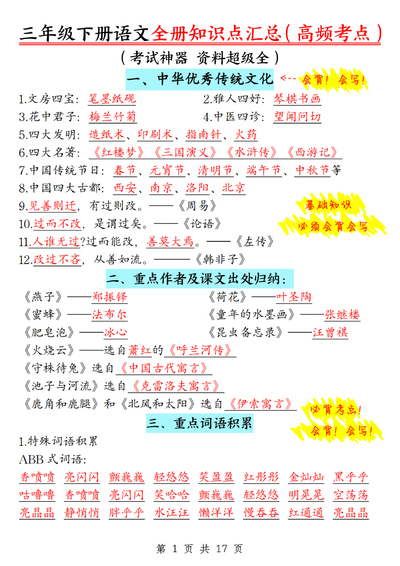 2025年三年级下册语文全册知识点汇总（期末复习高频考点）（17页） - 少儿专区