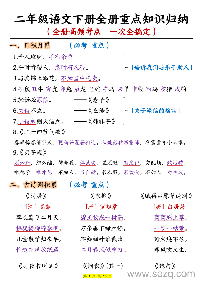二年级下册语文全册重点高频考点知识归纳 - 文档资源第1张