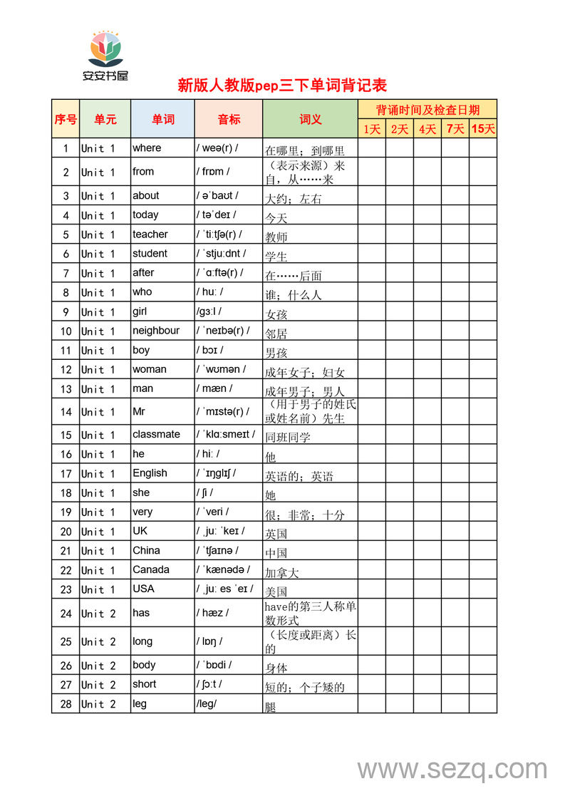 新版三年级下册英语单词背记表 - 文档资源第1张